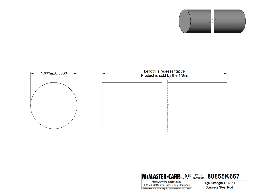 Technical Drawing of High-Strength 17-4 PH Stainless Steel Rod, 1-1/16" Diameter.